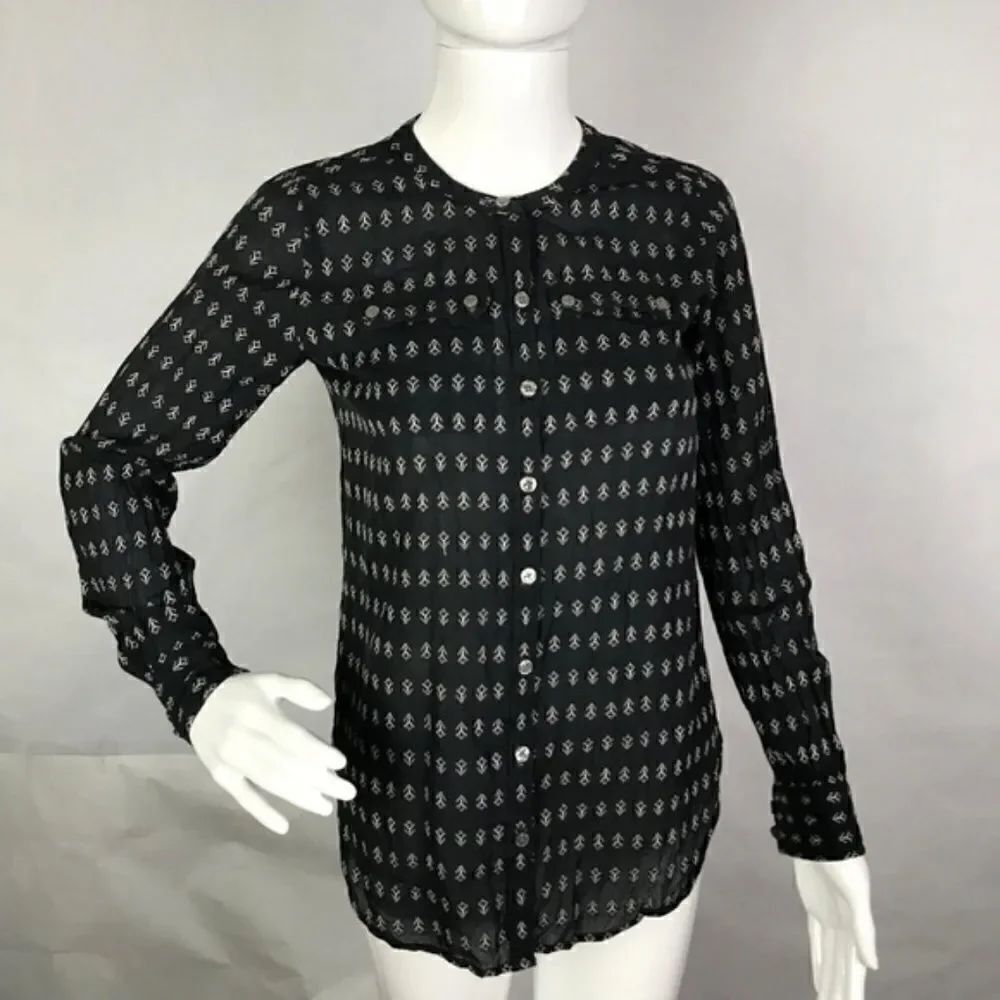 LOFT Navy and White Embroidered Button Down Tunic Shirt Size Medium